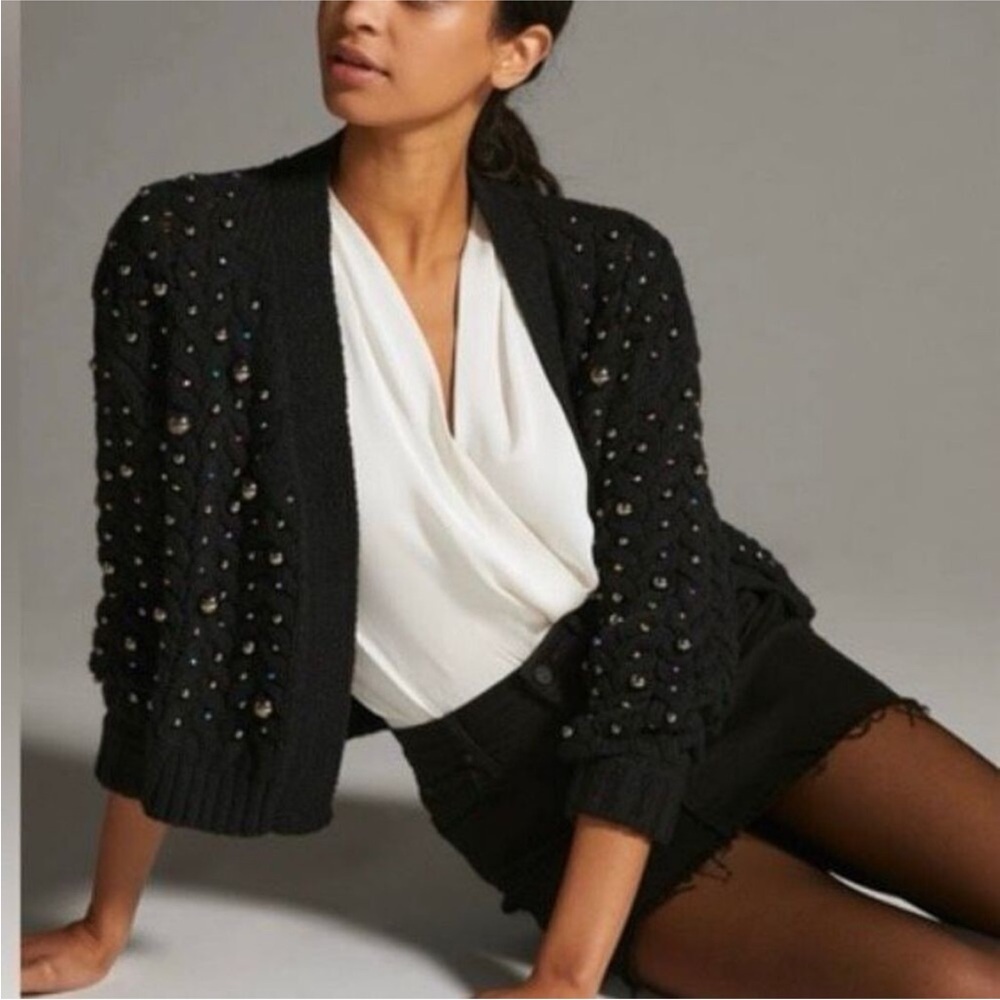 Anthropologie Maeve Pearl Embellished Open Cardigan Chunky Knit Sweater Black OS